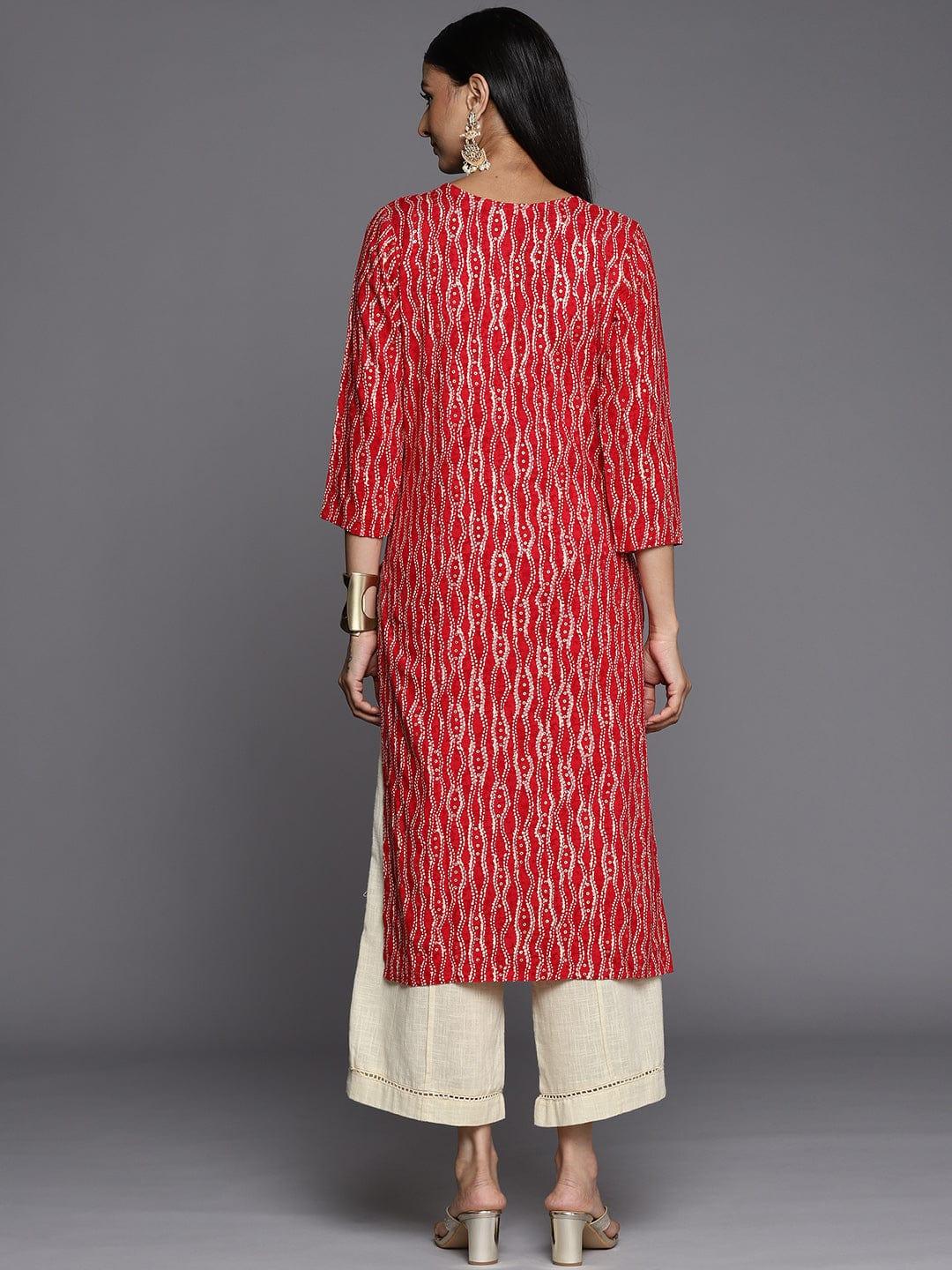 Varanga Women Red & Gold-Toned Bandhani Printed Gotta Patti Kurta - Indiakreations