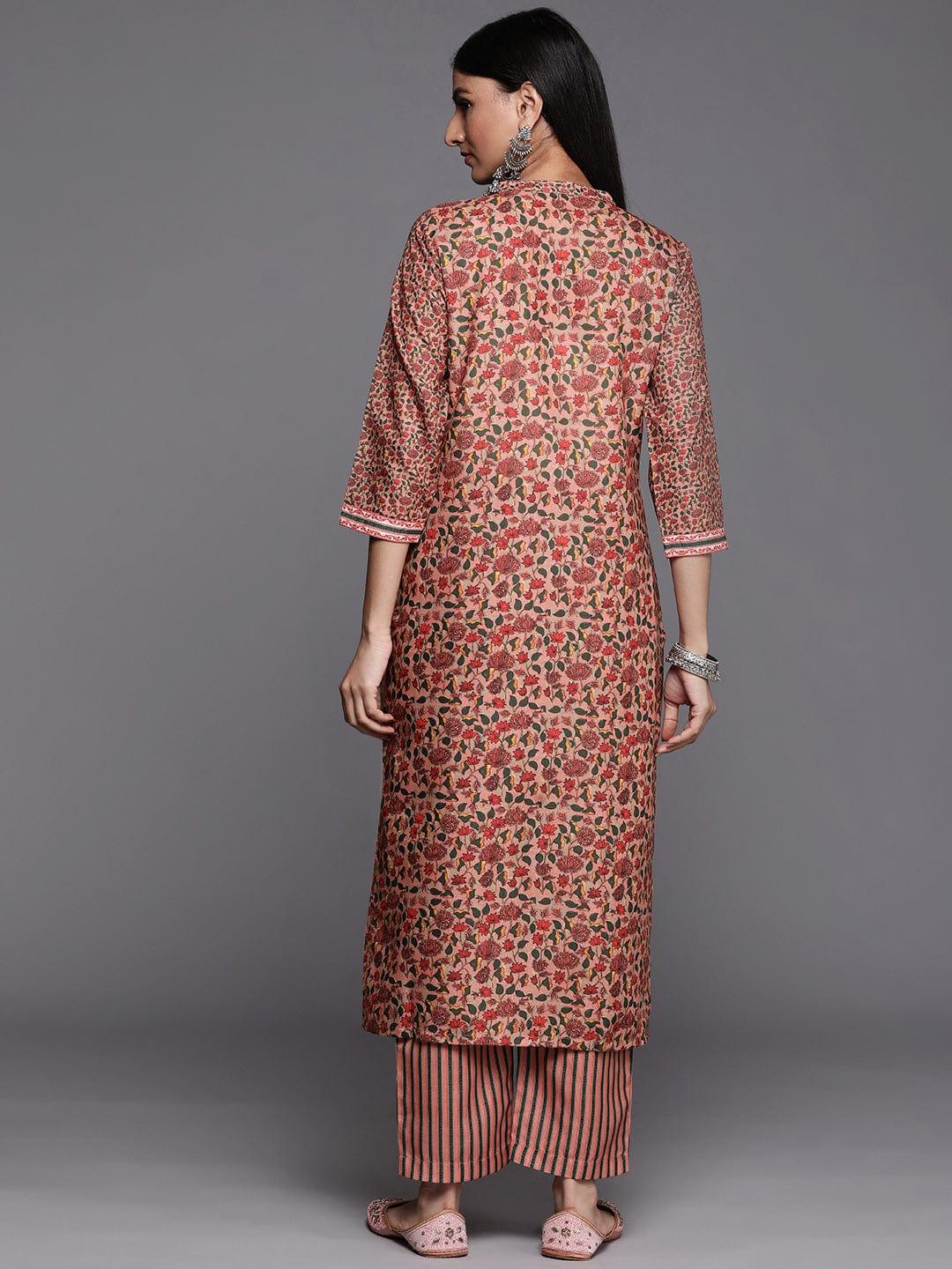 Varanga Women Peach-Coloured Floral Printed Winter Kurta with Palazzos - Indiakreations