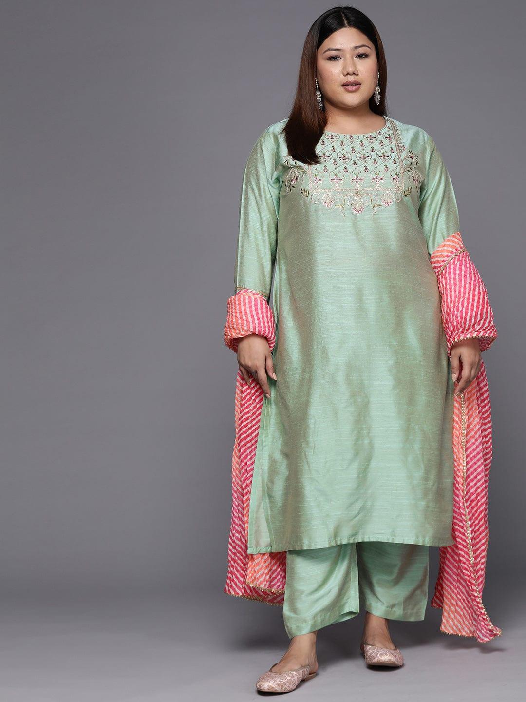 Varanga Women Plus Size Sea Green Embroidered Sequinned Kurta with Trousers & Dupatta - Indiakreations