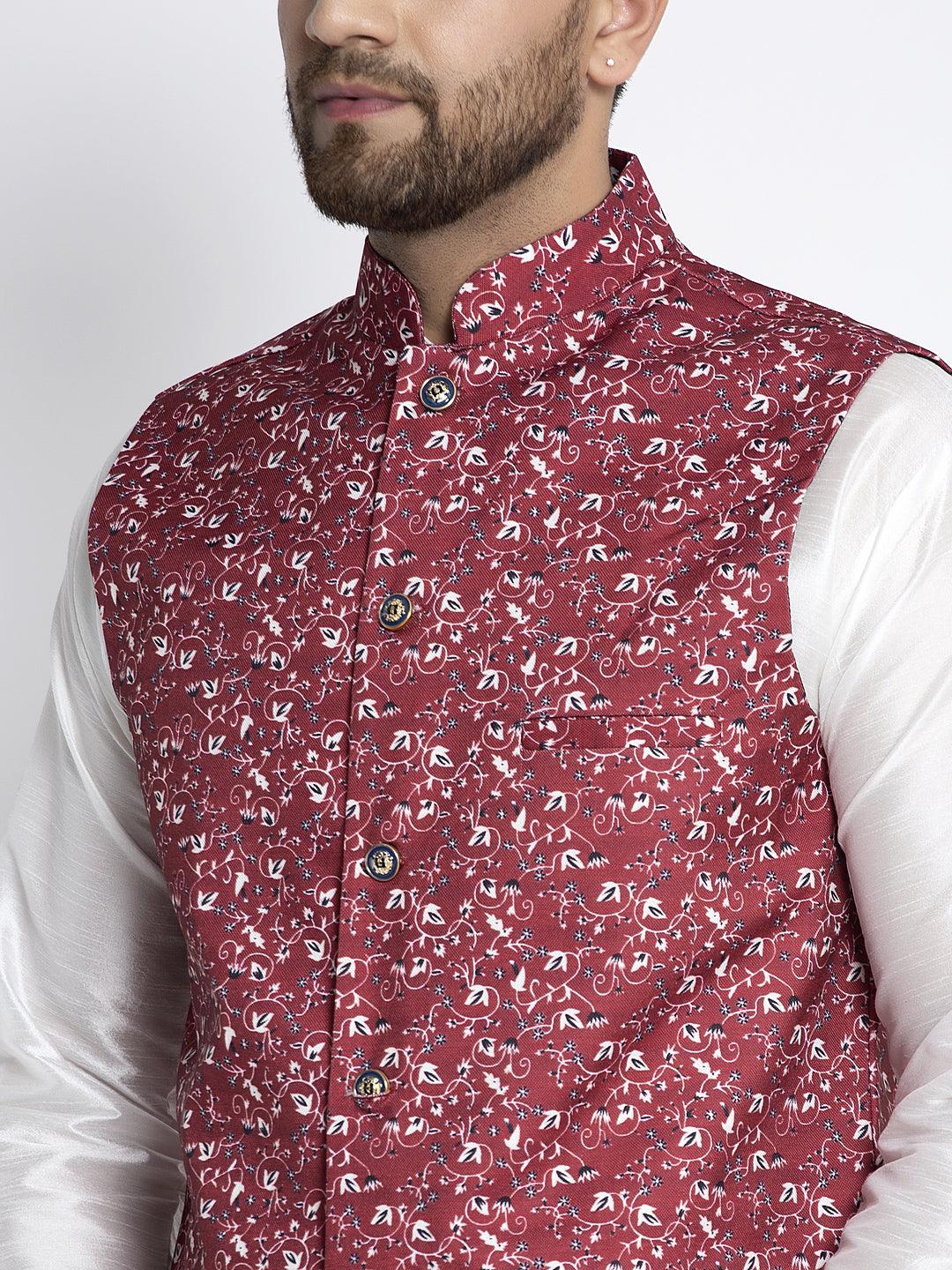 Men's Maroon & Multi Printed Nehru Jacket - Benstoke - Indiakreations