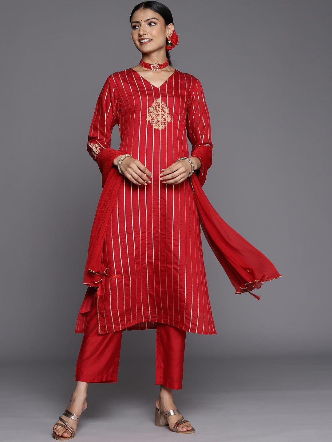 Varanga Women Red Floral Embroidered Kurta with Trousers & With Dupatta - Indiakreations