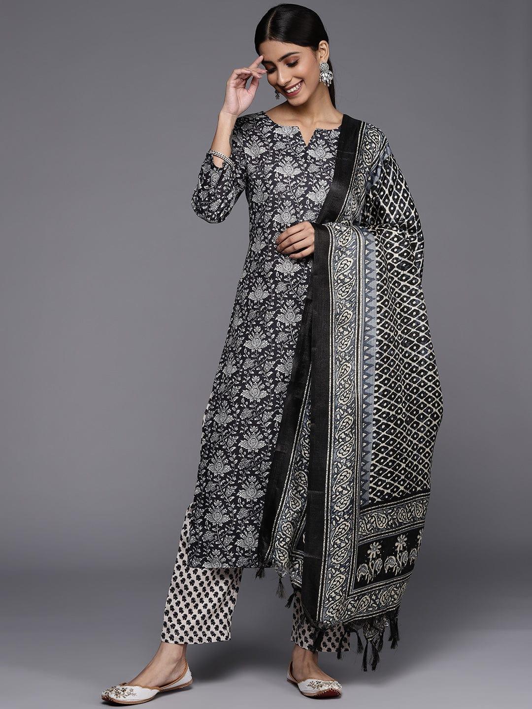 Varanga Winter Black and Offwhite digital printed kurta paired with printed palazzo and dupatta - Indiakreations