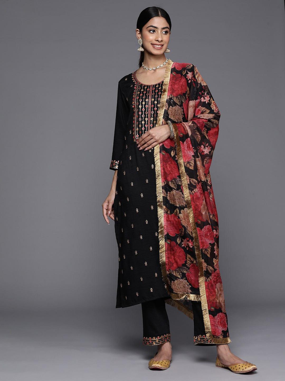 Varanga Floral Yoke Design Sequinned Kurta with Trousers & With Dupatta - Indiakreations