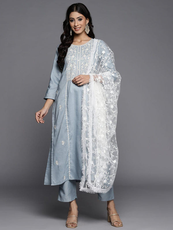 Varanga Women Grey Ethnic Motifs Embroidered Panelled Kurta with Trousers & Dupatta - Indiakreations