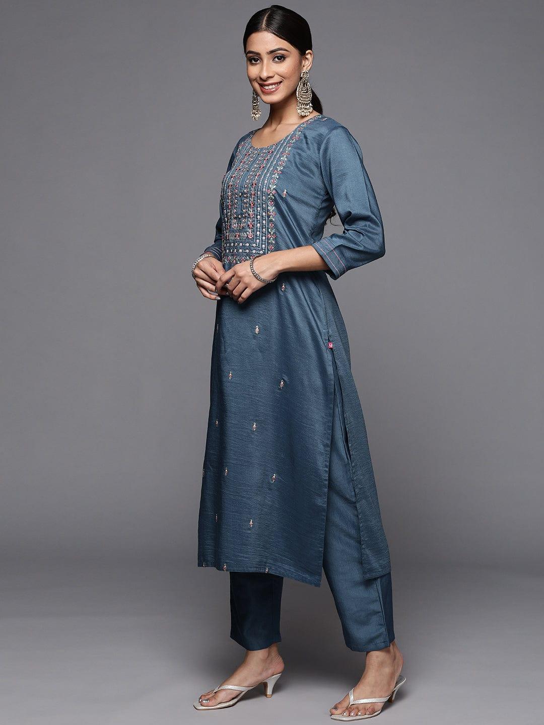 Varanga Women Blue Ethnic Motifs Embroidered Thread Work Kurta with Trousers & With Dupatta - Indiakreations