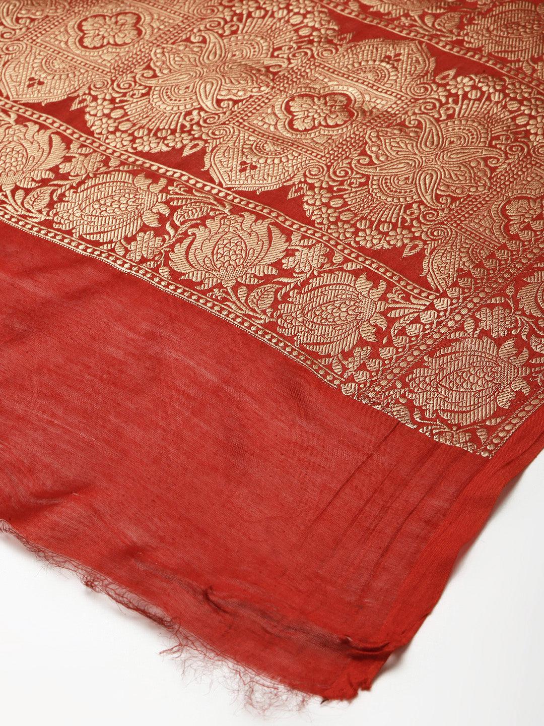 Women's Red Color Ethnic Motifs Woven Design Dupatta With Zari - Varanasi - Indiakreations