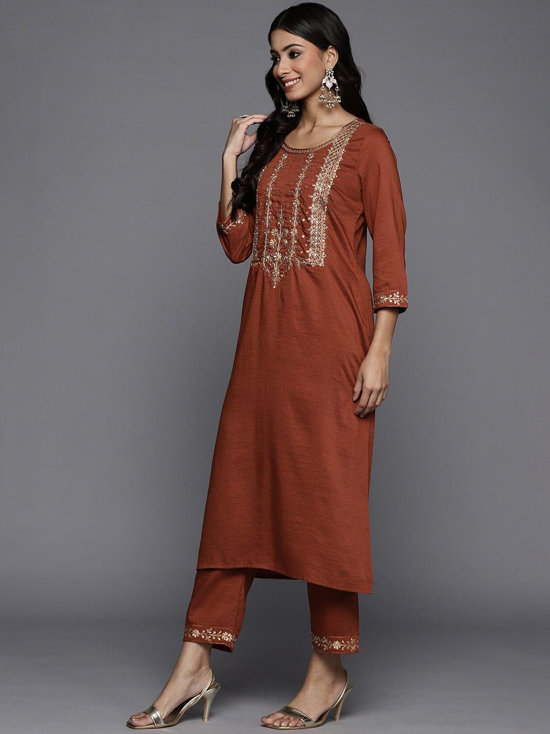 Varanga Women Rust Orange Yoke Design Sequinned Kurta with Trousers & Dupatta - Indiakreations