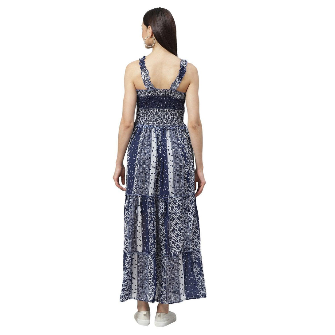 Women's Blue Georgette Polyester Printed Sleeveless Srep Neck Casual Dress - Myshka - Indiakreations