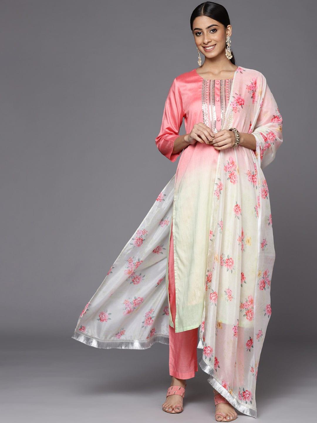 Varanga Women Pink Ombre Printed Sequinned Kurta with Trousers & With Dupatta - Indiakreations