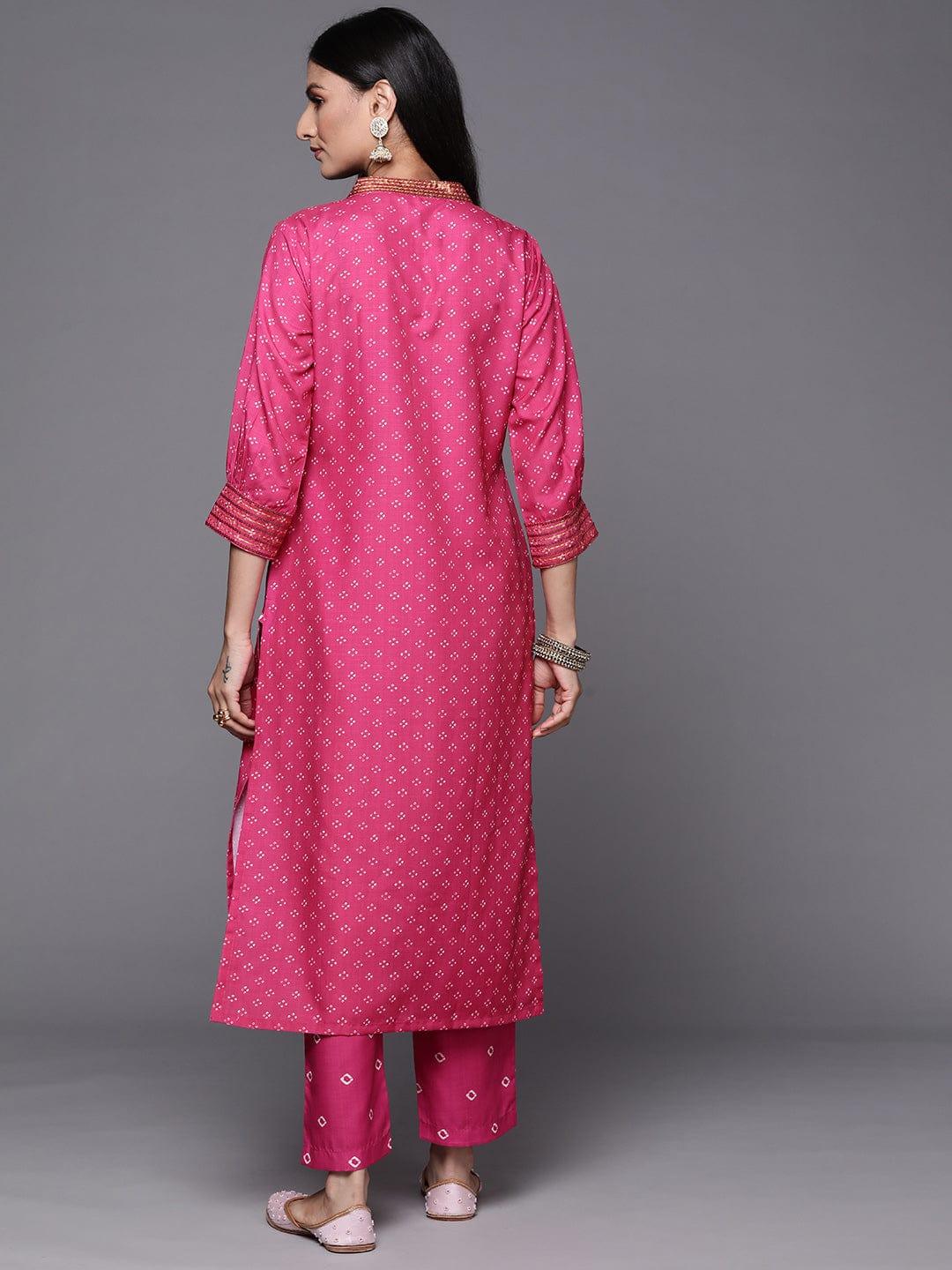 Varanga Women Pink Bandhani Printed Sequinned Kurta with Trousers - Indiakreations