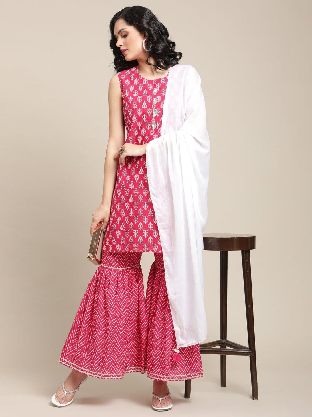 Pink Floral Printed And Gota Work Kurta Sharara Set With Off White Tassels Embellished Dupatta - Indiakreations