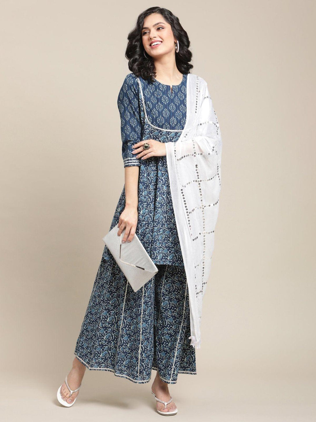 Blue And White Printed Flared Kurta With Gota Work, Kurta Paired With Flared Palazzo And Dupatta - Indiakreations