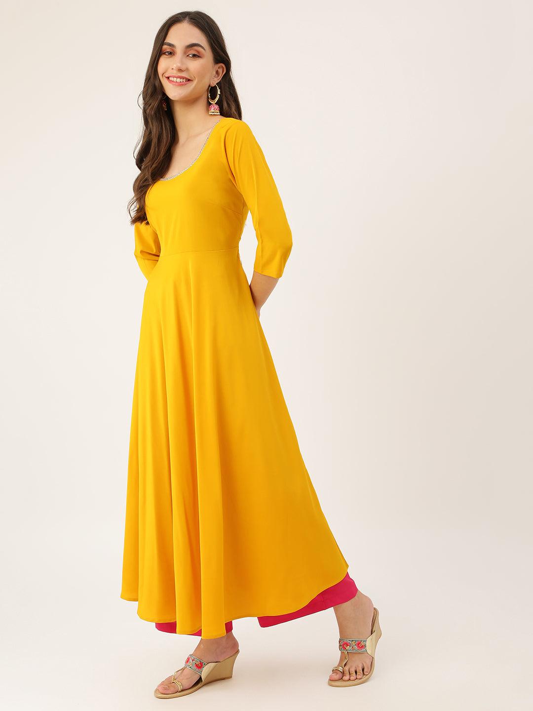 Women's Mustard solid kurta with floral print dupatta.Kurta has round neck - The Fab Factory - Indiakreations