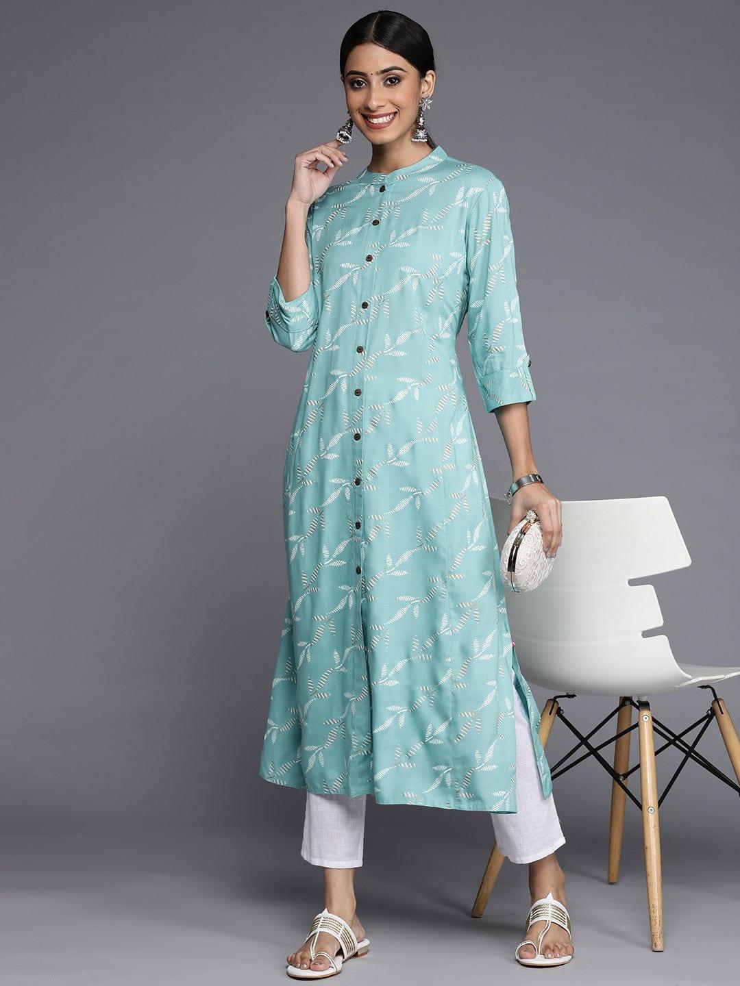 Varanga Women Turquoise Blue & White Floral Printed Kurta - Indiakreations