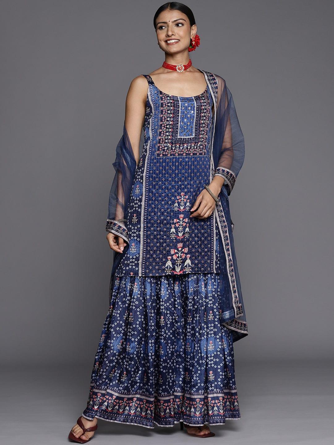 Varanga Women Navy Blue Ethnic Motifs Embroidered Sequinned Kurta with Trousers & With Dupatta - Indiakreations