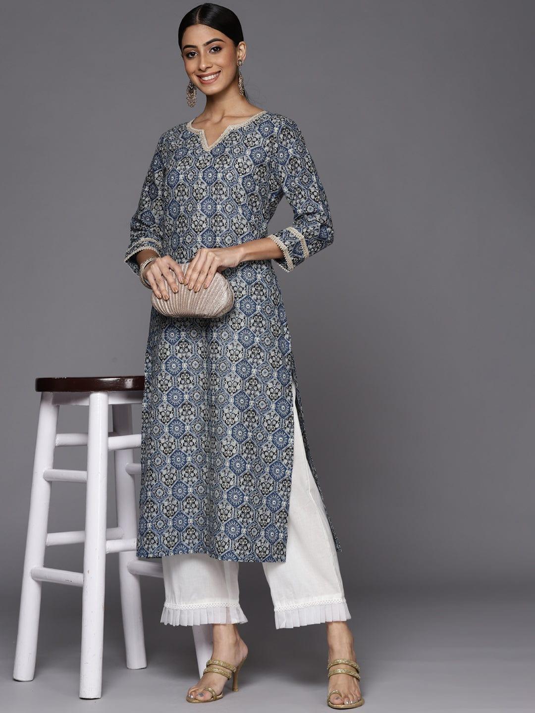 Varanga Winter Blue printed straight kurta with Lace Embellishment - Indiakreations