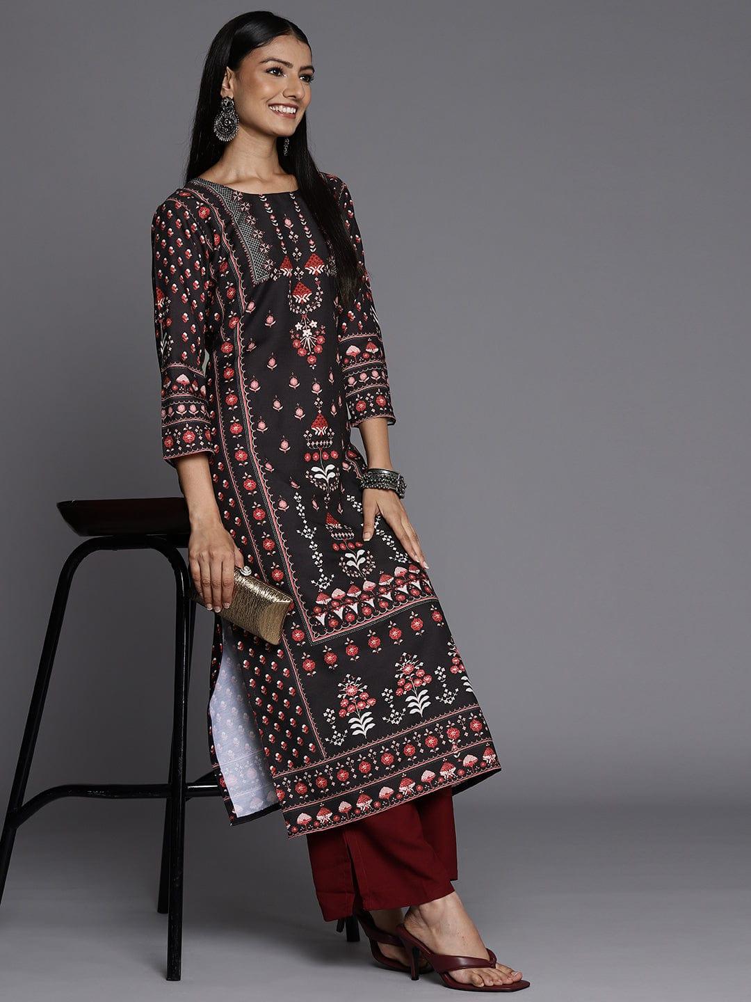 Varanga Women Black Ethnic Motifs Printed Round Neck Winter Kurta - Indiakreations