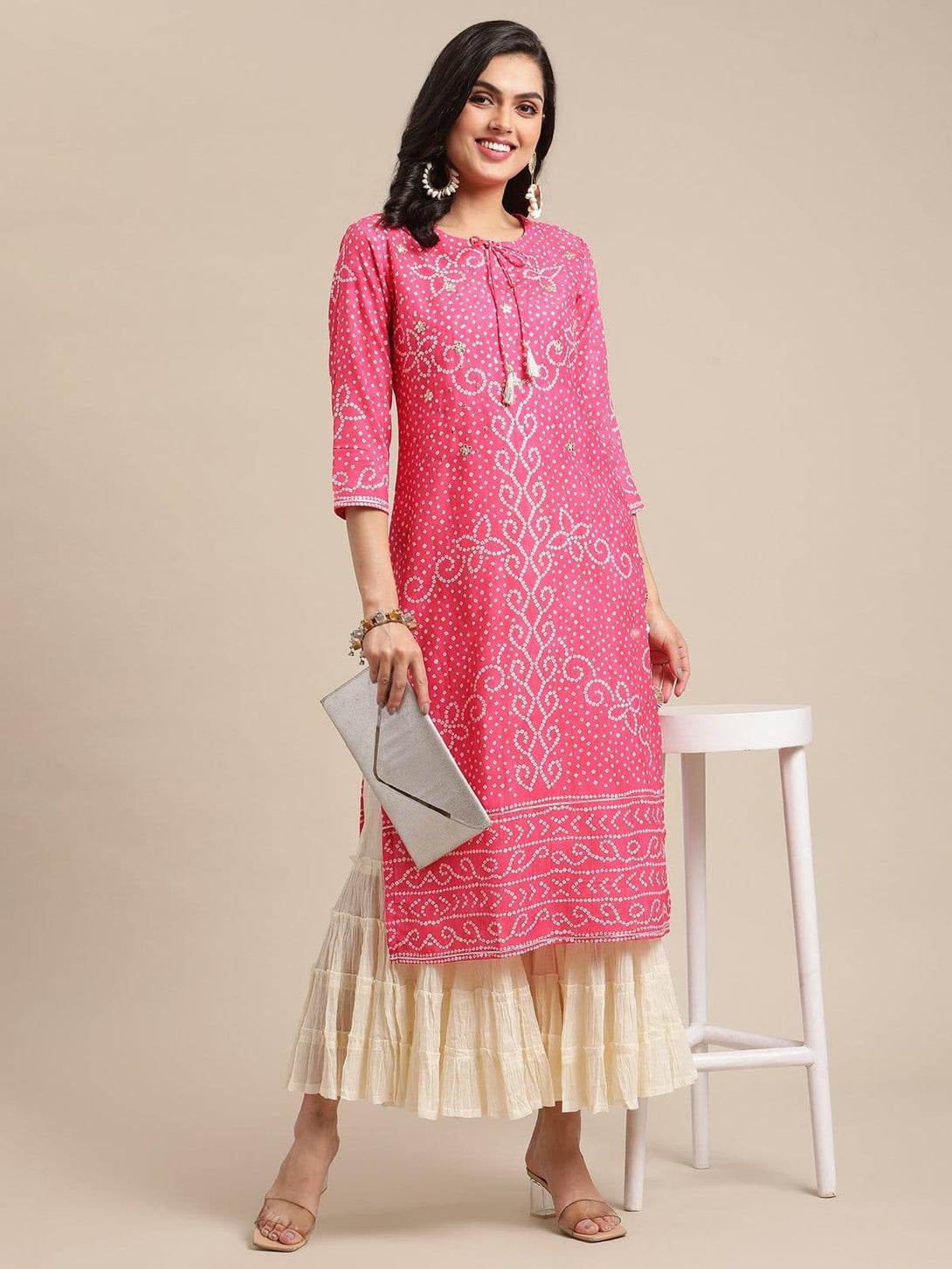 Pink Silk Bandhej Printed Gota Patti Embellished Kurta - Indiakreations