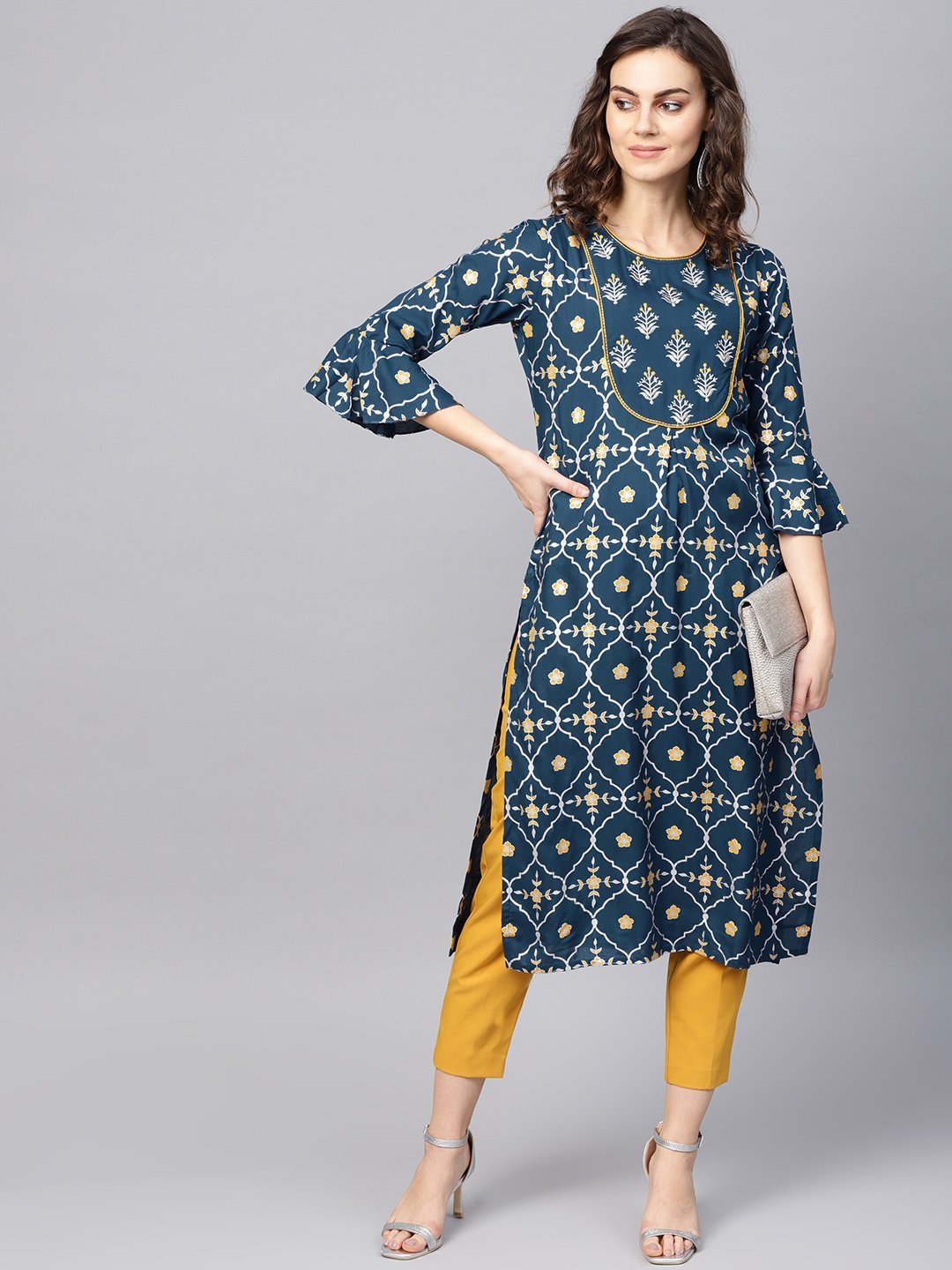 Women's Navy Blue & Grey Printed Straight Kurta - Anubhutee