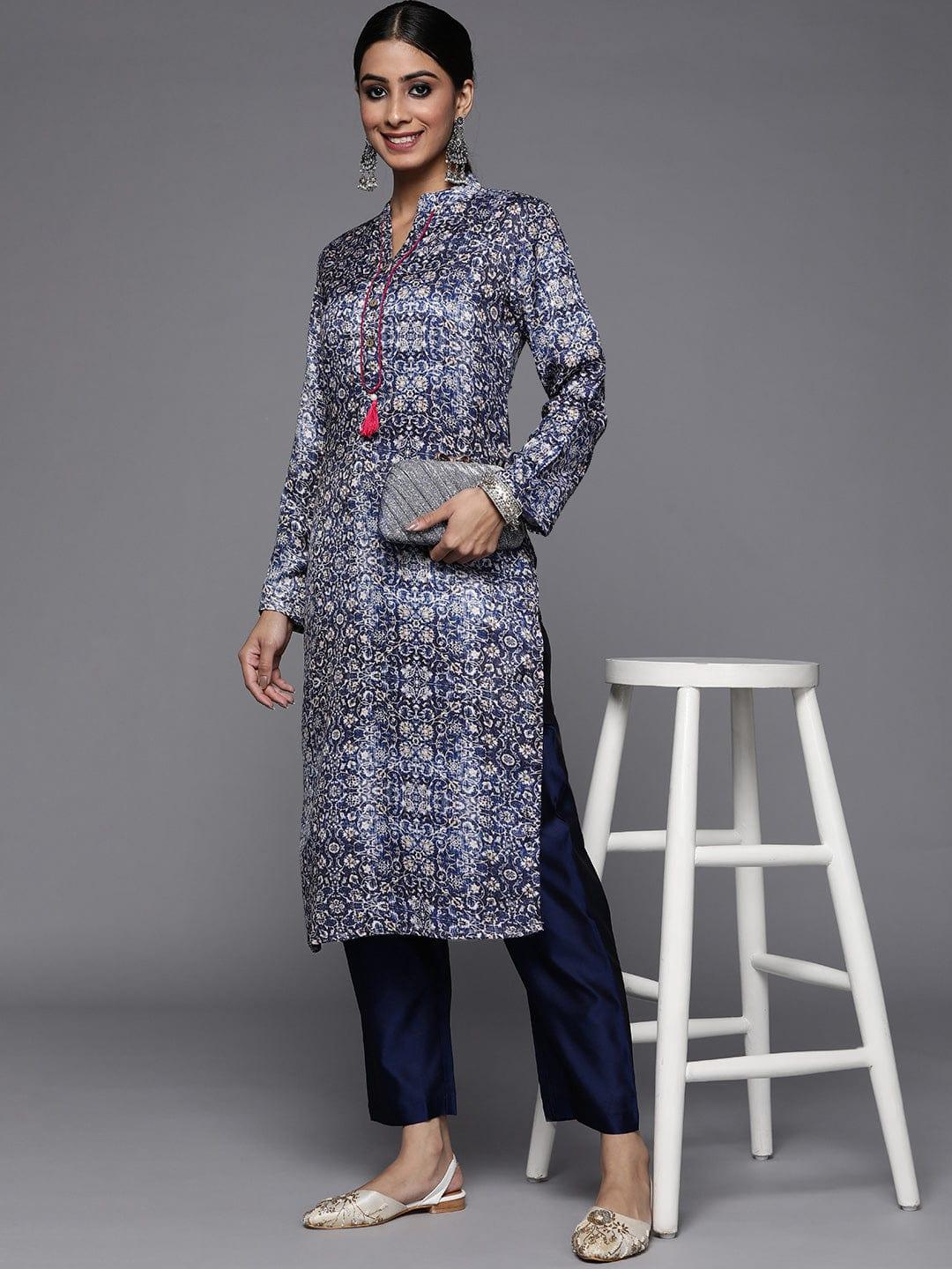 Varanga Women Blue & White Ethnic Motifs Printed Pashmina Winter Kurta - Indiakreations