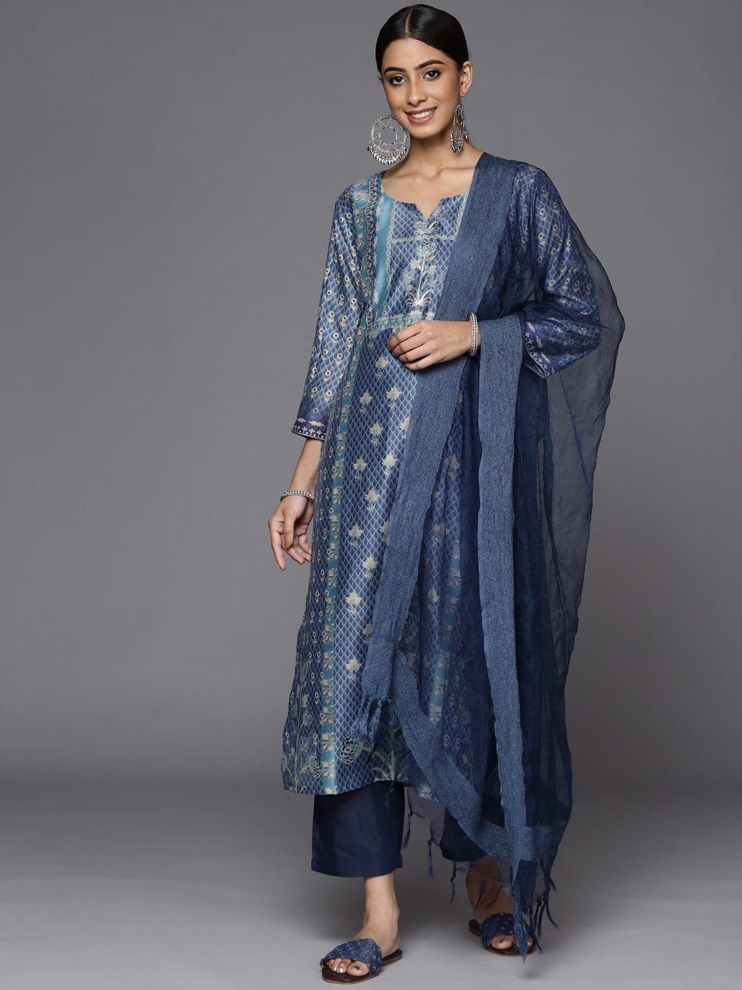 Varanga Women Blue Floral Printed Sequinned Kurta with Trousers & With Dupatta - Indiakreations