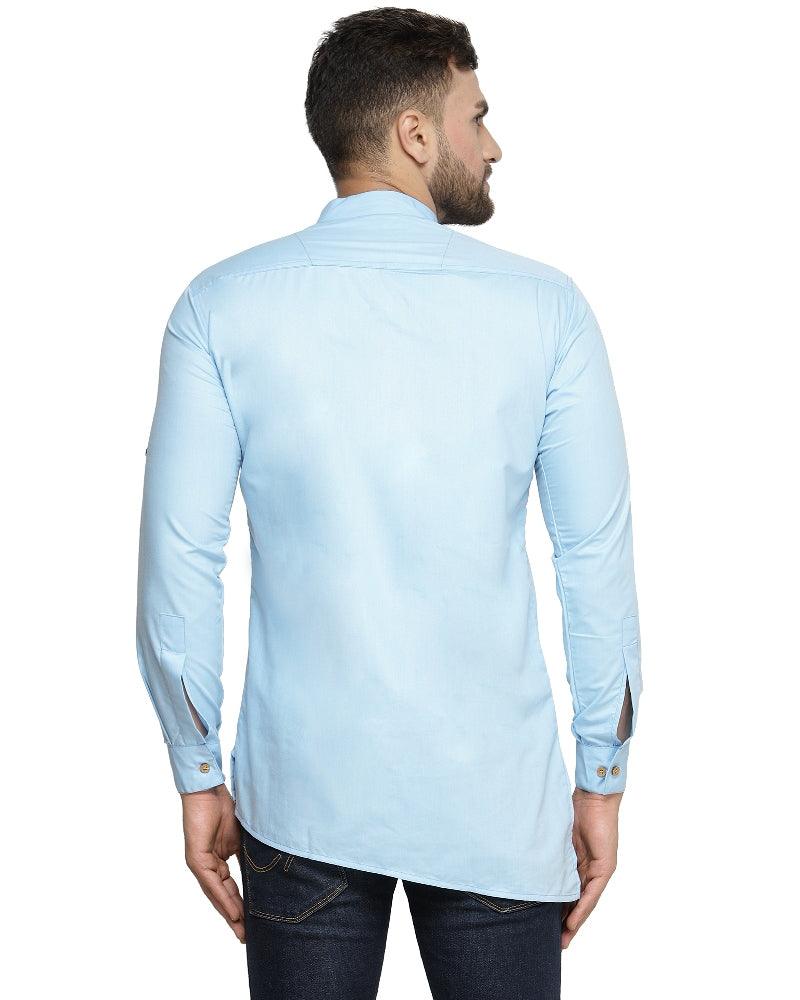 Men's Cotton Blend Sky Blue Asymmetric Short Kurta - Benstoke - Indiakreations