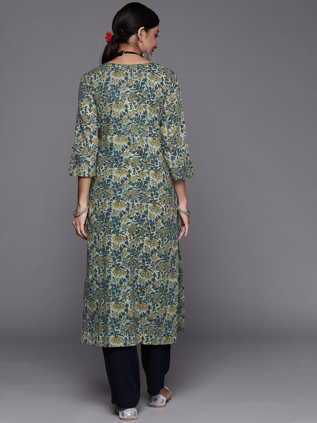 Varanga Women Green & Teal Blue Ethnic Motifs Printed Gotta Patti Kurta - Indiakreations