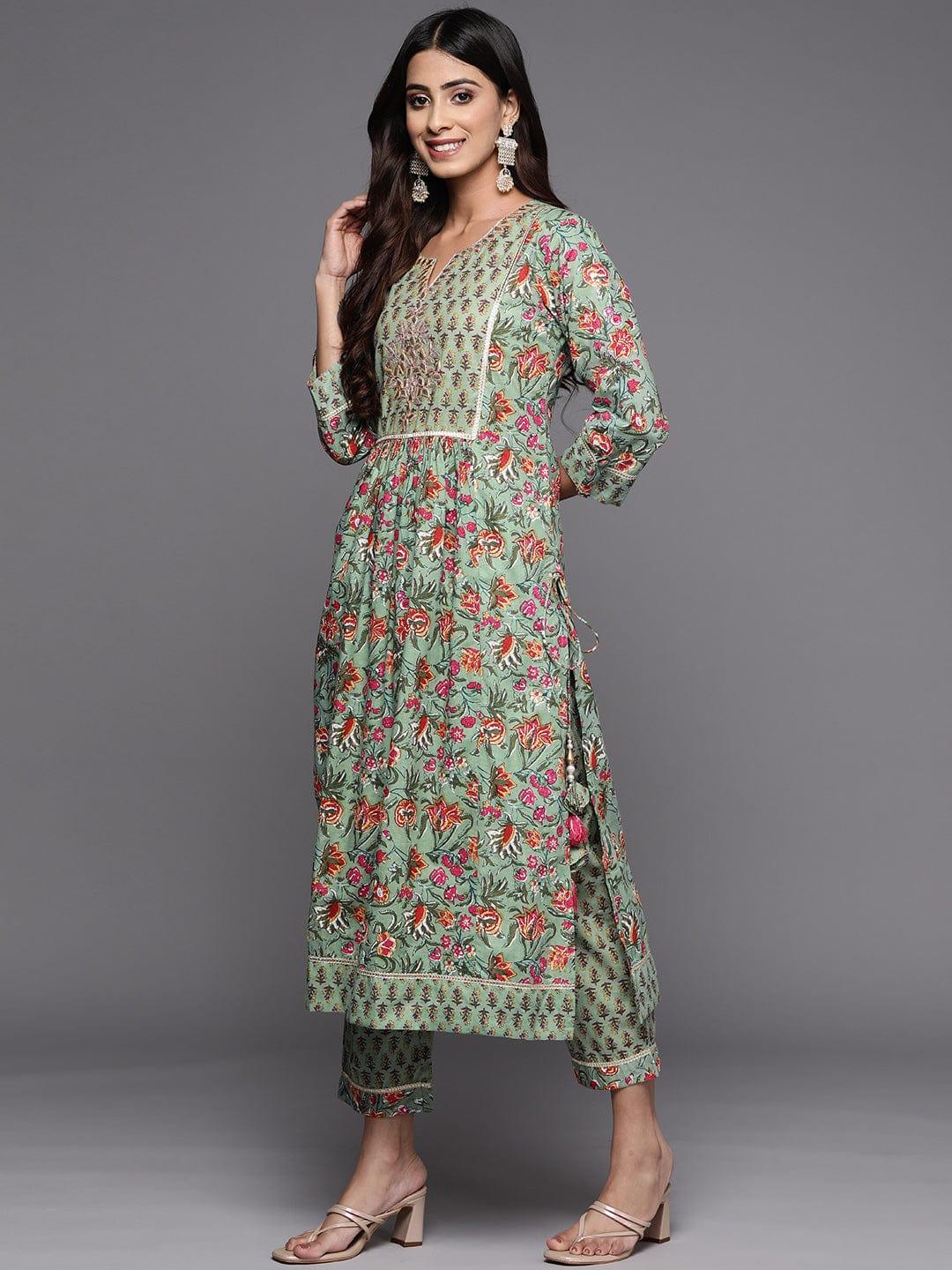 Varanga Women Green Pure Cotton Floral Printed Gotta Patti Kurta with Trousers & Dupatta - Indiakreations