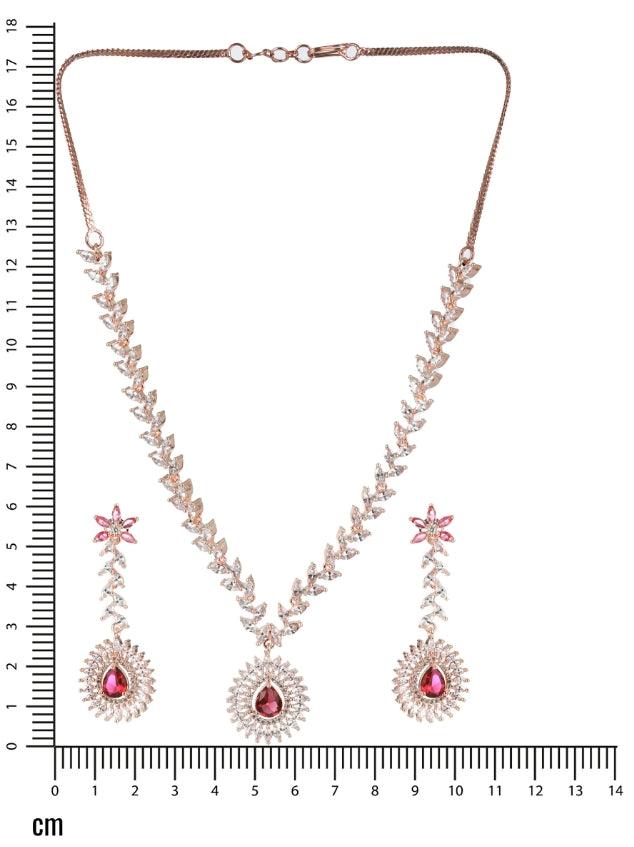 Women's Rose Gold-Plated Red American Diamond & Cz Studded Handcrafted Jewellery Set - Jazz And Sizzle - Indiakreations