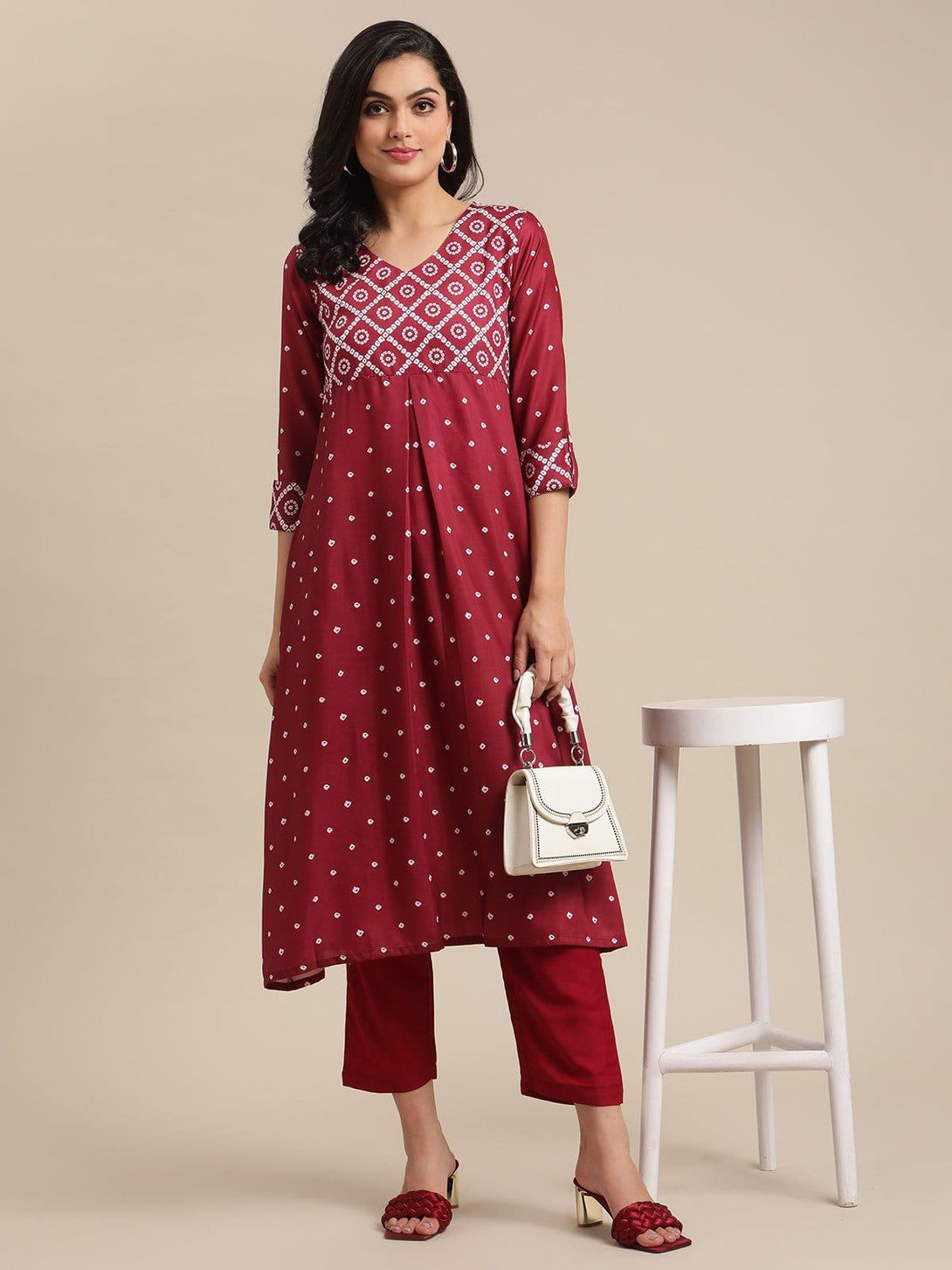 Maroon And Off White Bandhej Printed Pleated Kurta With Trouser - Indiakreations