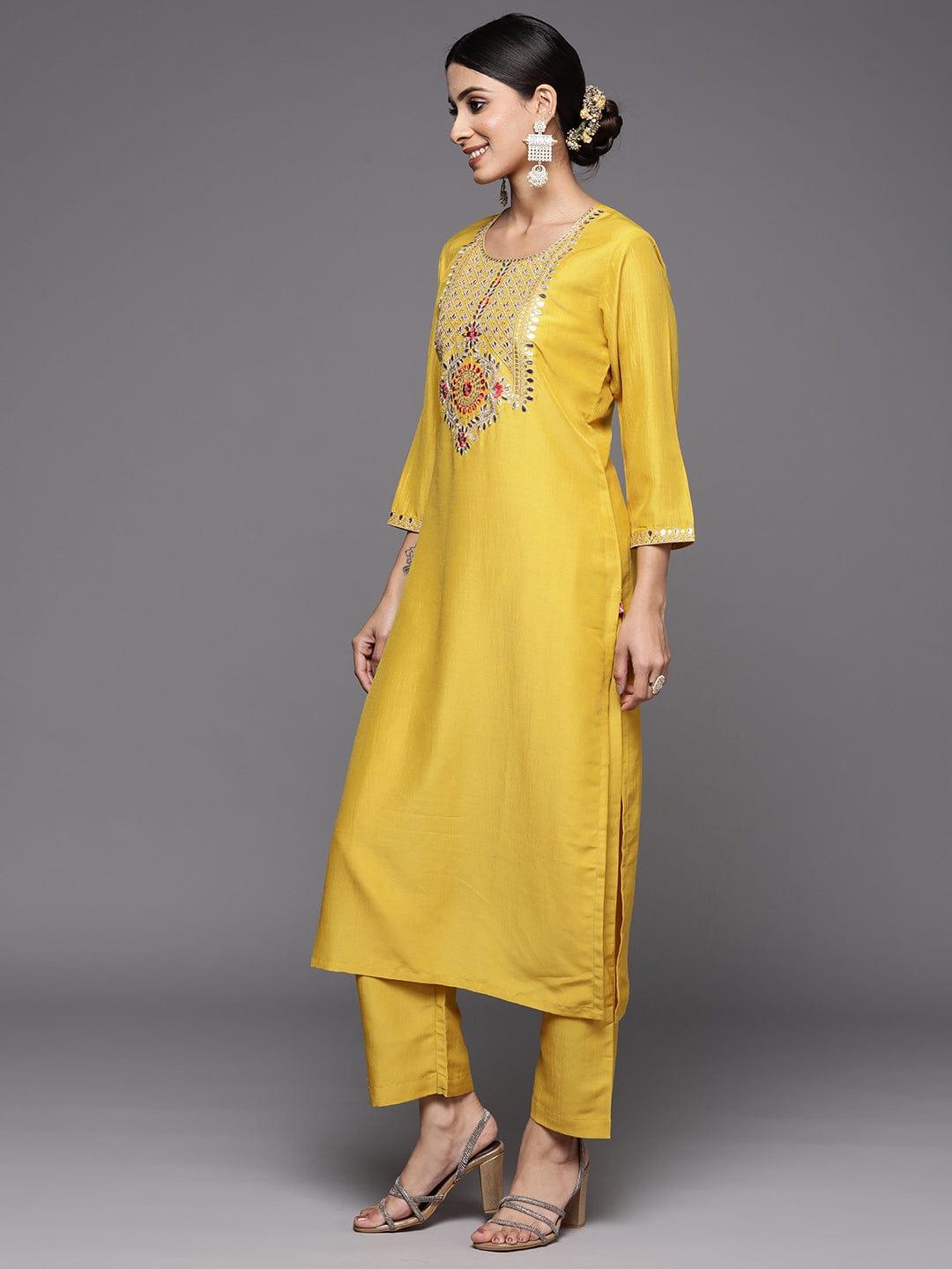 Varanga Women Yellow Ethnic Motifs Yoke Design Mirror Work Kurta with Trousers & With Dupatta - Indiakreations