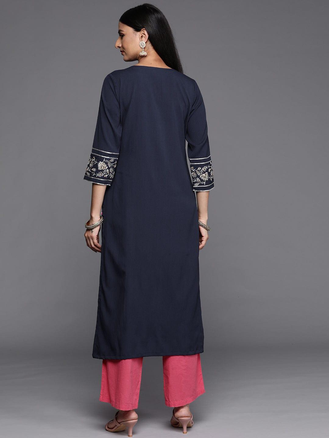 Varanga Women Navy Blue Ethnic Motifs Yoke Design Sequined Kurta - Indiakreations