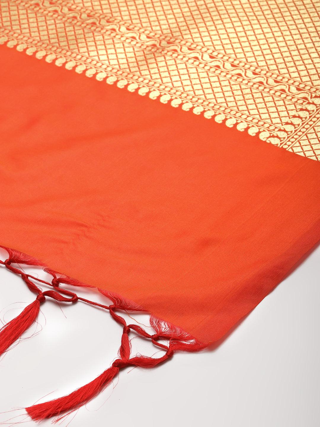 Women's Orange Color Ethnic Motifs Woven Design Dupatta With Zari - Varanasi - Indiakreations