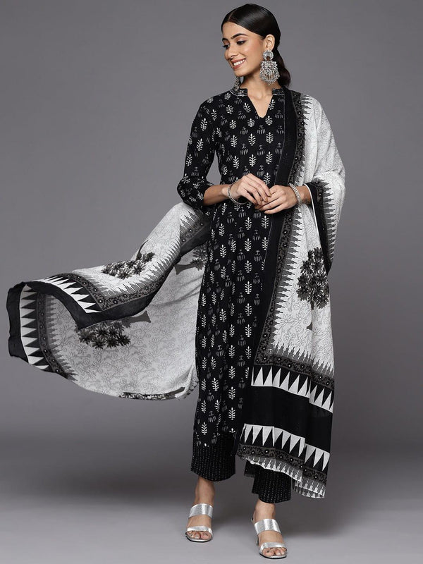 Varanga Women Black Floral Printed Gotta Patti Pure Cotton Kurta & Trousers with Dupatta - Indiakreations