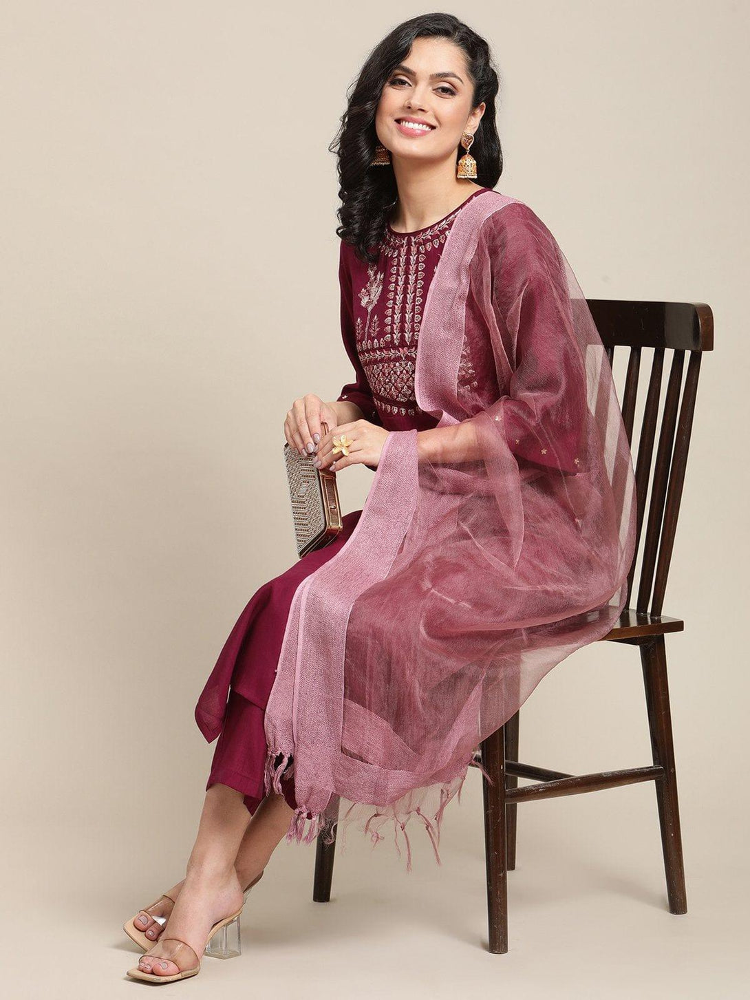 Wine Zari And Resham Yoke Embroidery Kurta Trouser Set With Mauve Silk Dyed Dupatta - Indiakreations