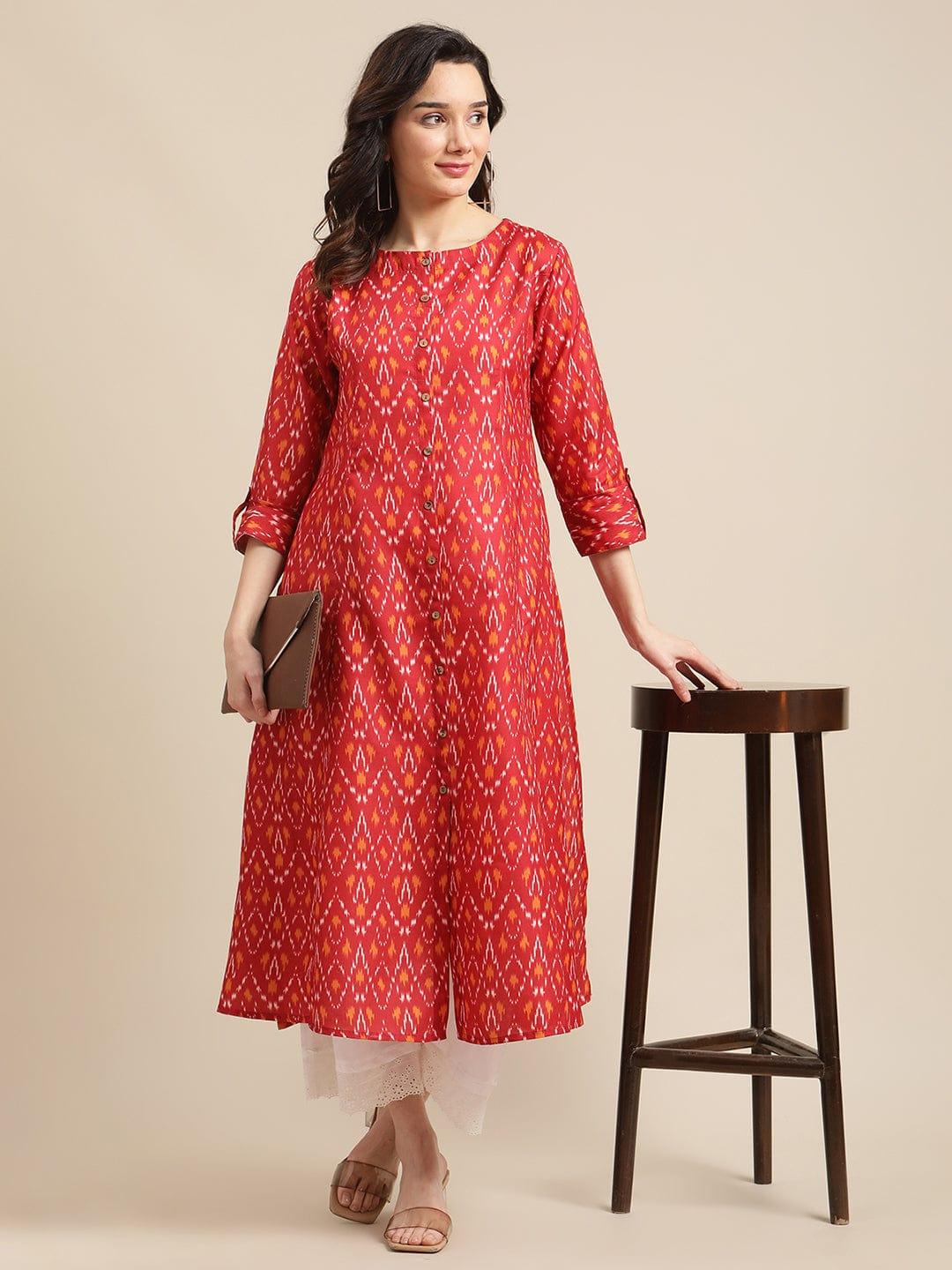 Rust Ikat A-Line Kurta With Center Buttoned Placket with white shifflie palazzo - Indiakreations