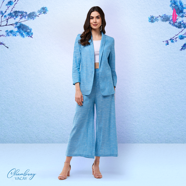 Women's Chambray Long Blazer And Pant Set - Pannkh