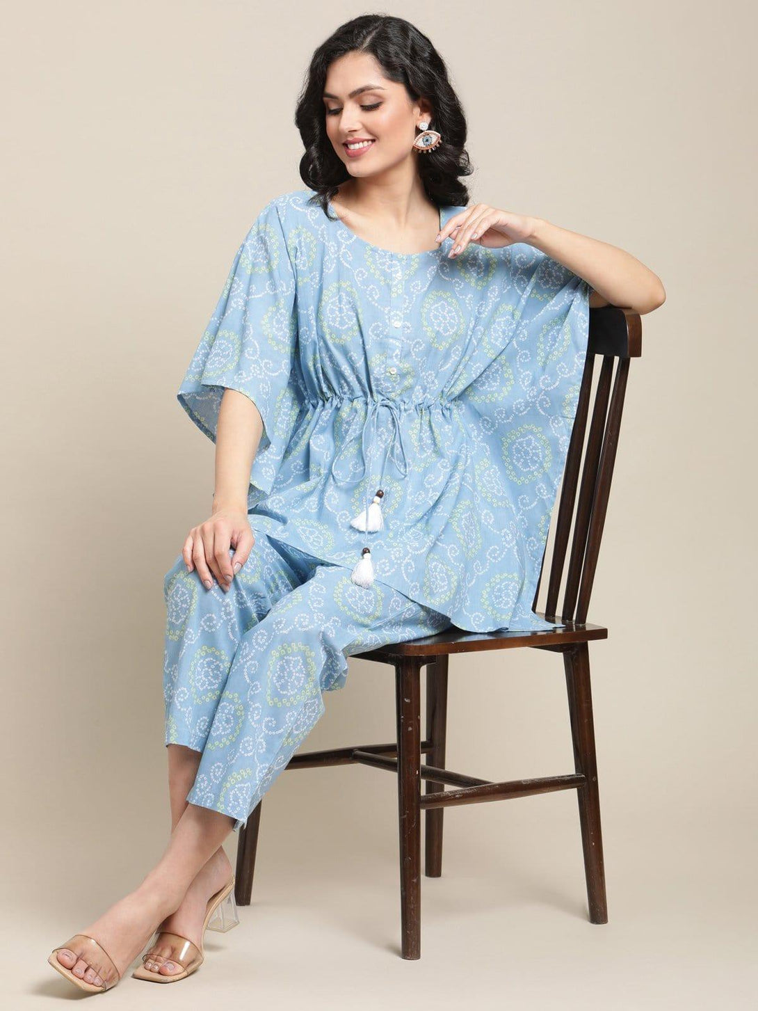 Powder Blue Bandhej Printed Kaftan Trouser Set - Indiakreations