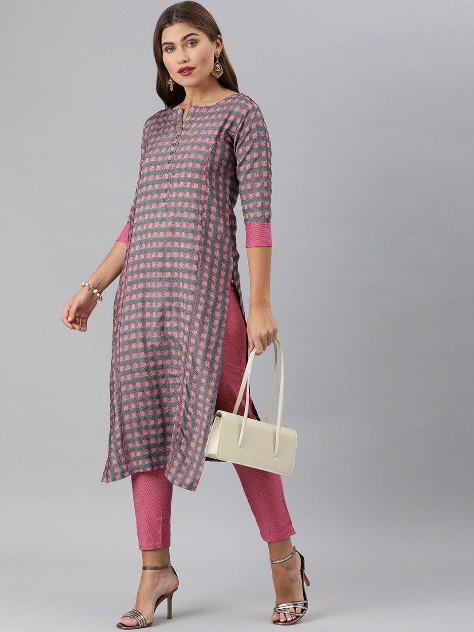 KSUT Women Grey & Pink Checked Kurta with Trousers - Indiakreations