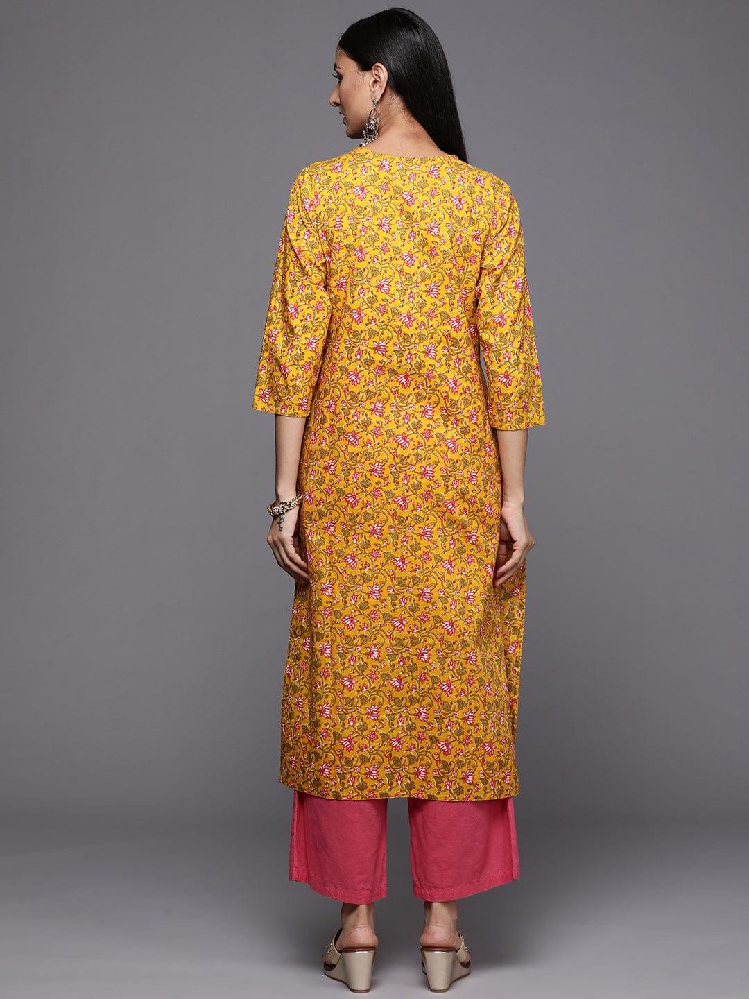 Varanga Women Mustard Yellow & Green Ethnic Motifs Printed Gotta Patti Indie Prints Kurta - Indiakreations