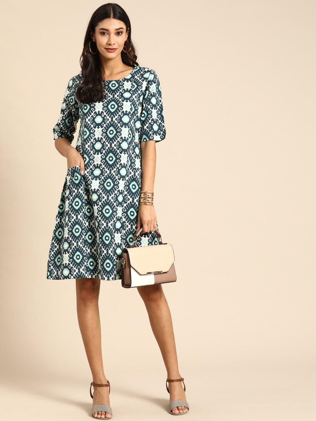 White & Teal Blue Printed A-Line Panelled Dress with Pockets - Indiakreations