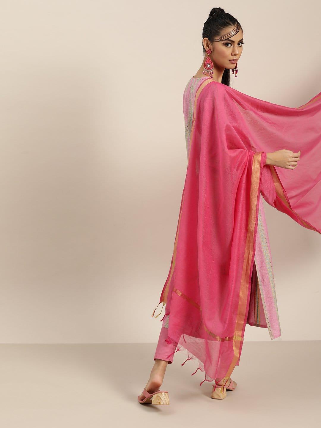 KSUT Pink And Multi Color Woven Straight Kurta With Pink Woven Trouser With Pink Silk Dupatta - Indiakreations