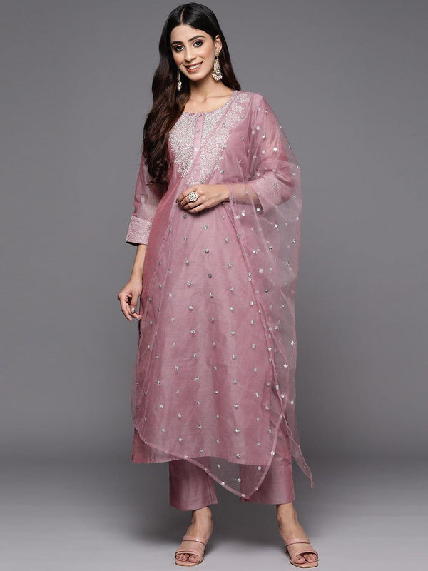 Mauve Zari Yoke Design Chanderi Silk Kurta with Trousers & Dupatta - Indiakreations