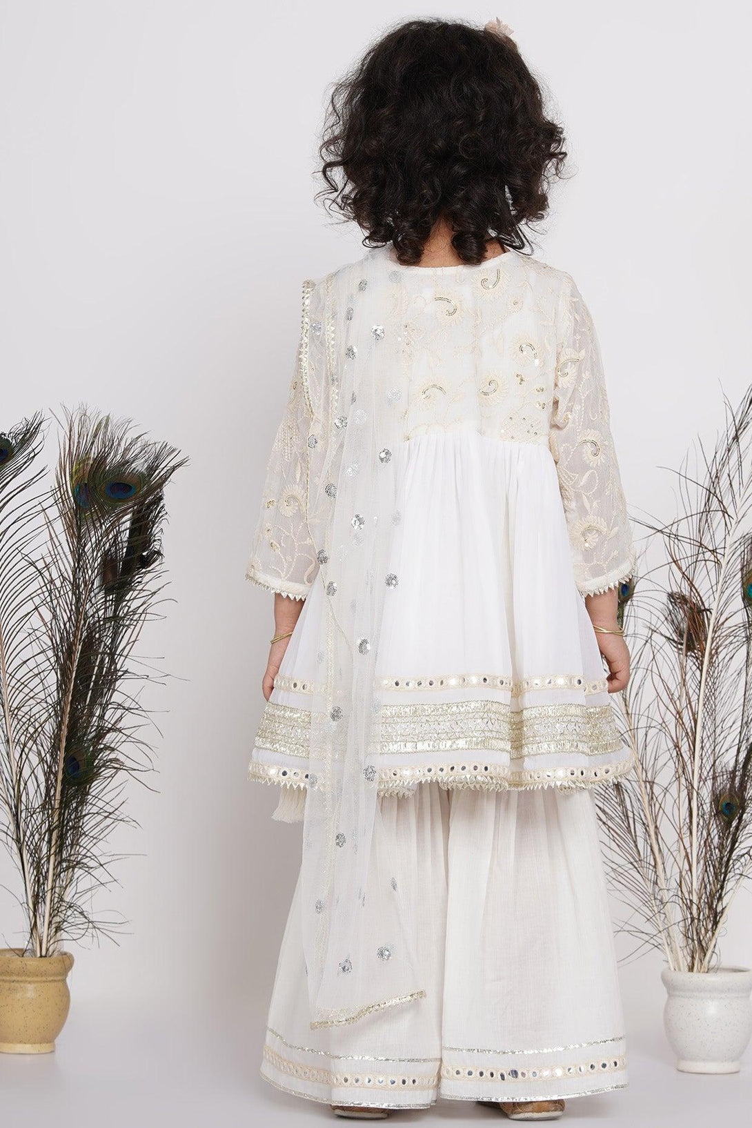 Girl's Cotton Floral Embroidery And Lacework Angrakha Kurta With Sharara And Dupatta - White - Little Bansi Girls - Indiakreations