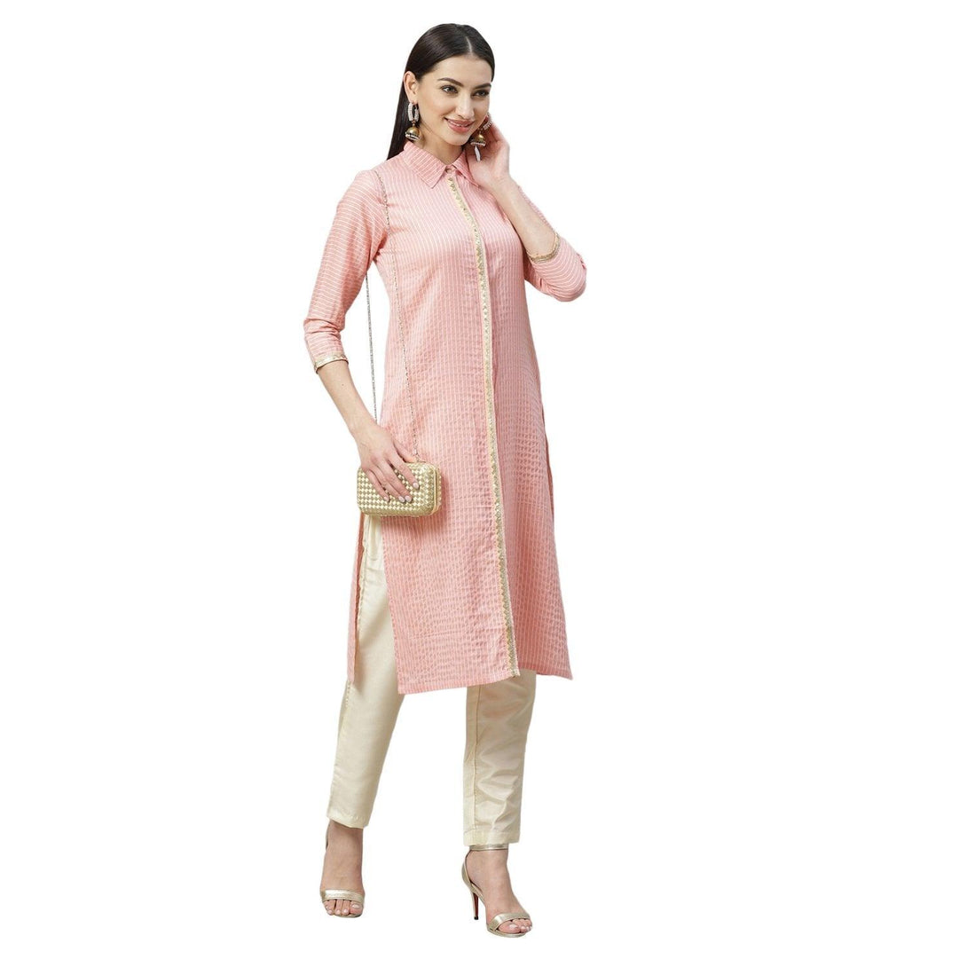 Women's Pink Cotton Check 3/4 Sleeve Shirt Collar Casual Kurta Only - Myshka - Indiakreations