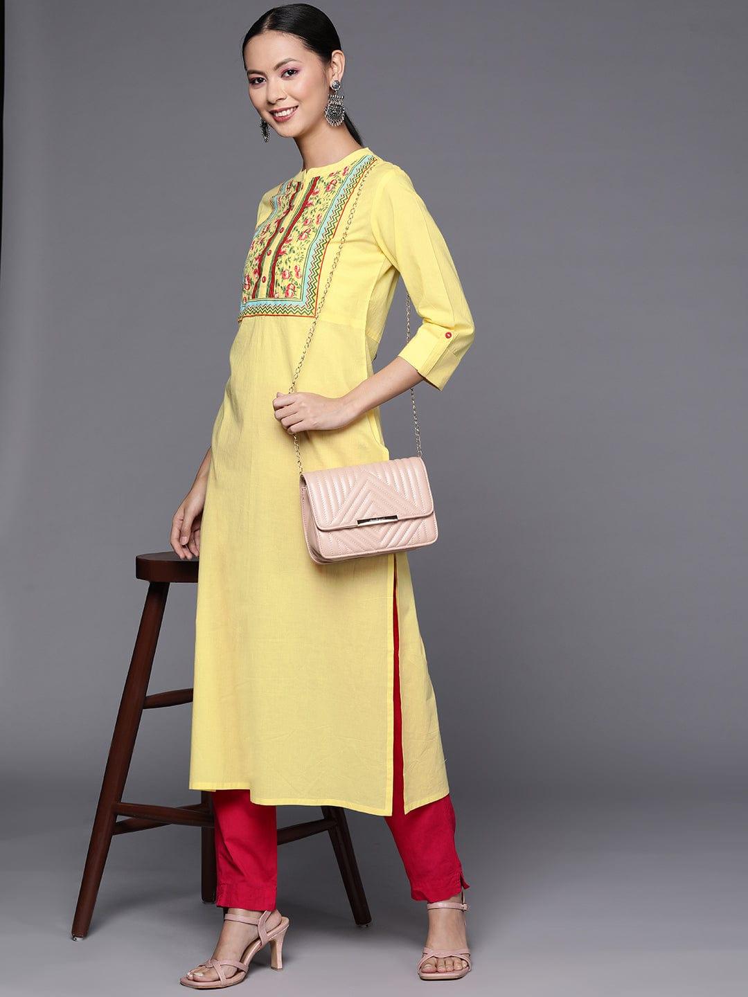 Varanga Women Yellow Floral Printed Pure Cotton Kurta - Indiakreations