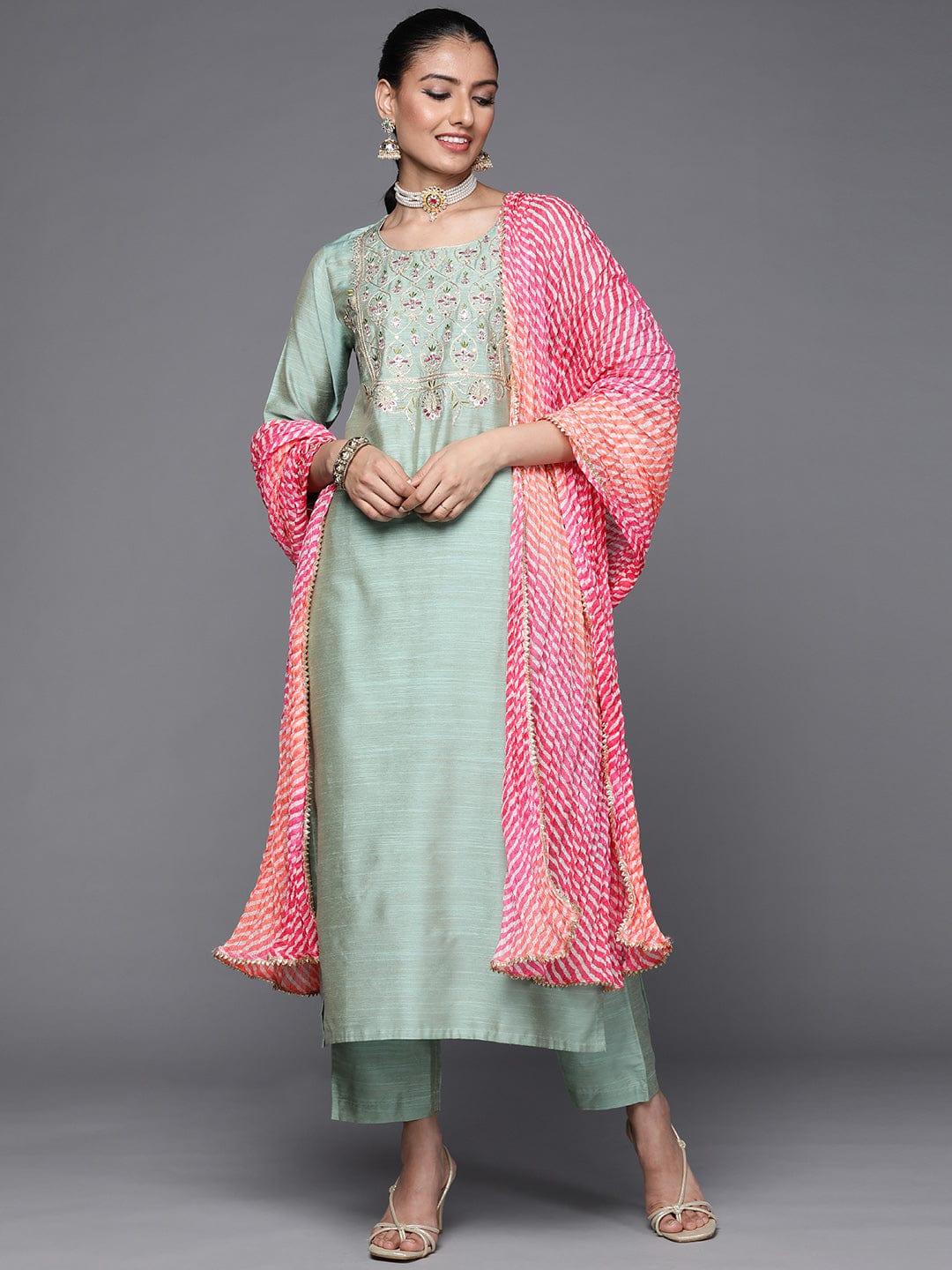 Varanga Women Sea Green & Pink Ethnic Embroidered Sequinned Kurta with Trousers & Dupatta - Indiakreations