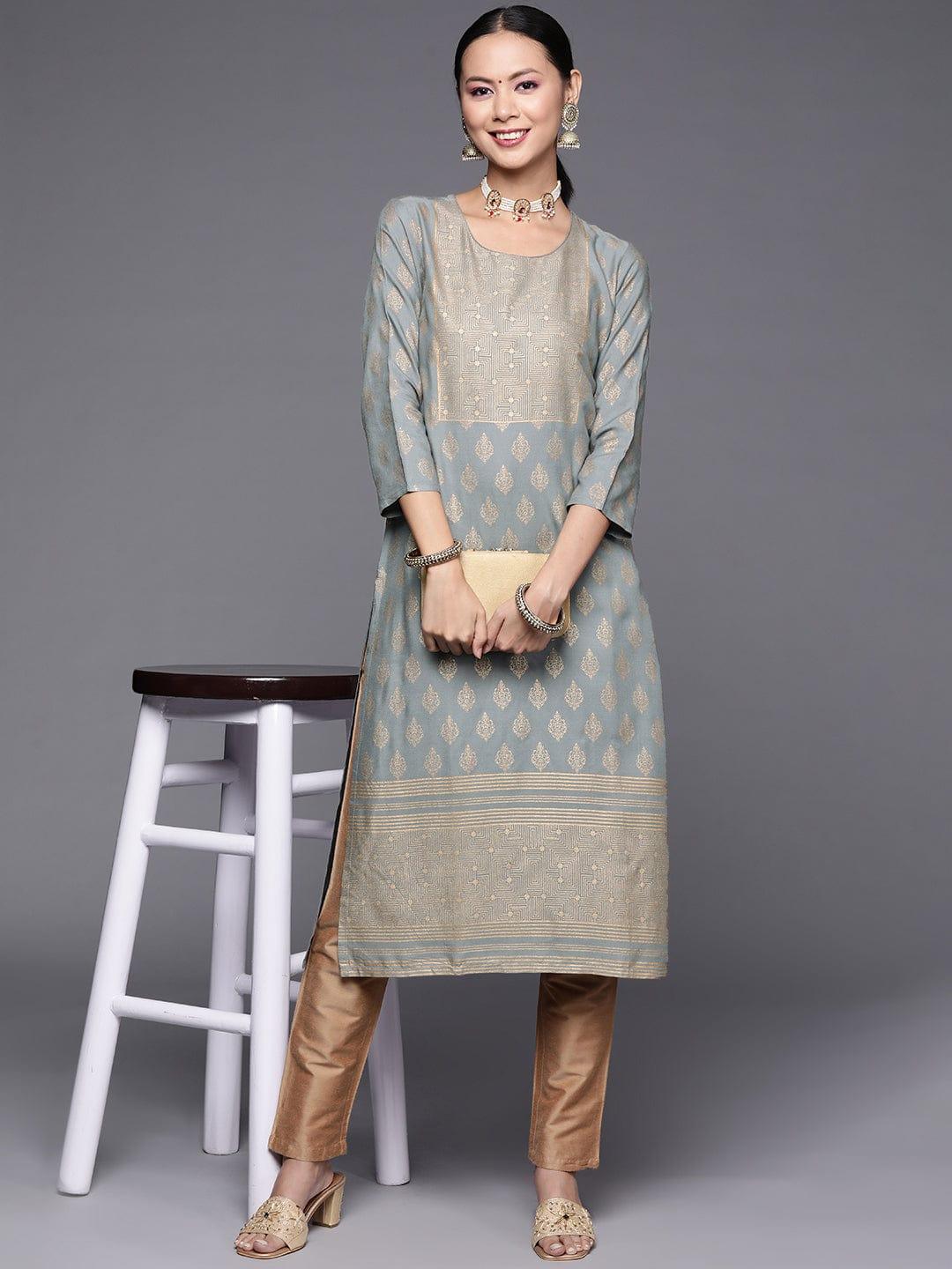 Varanga Women Grey & Golden Ethnic Motifs Printed Kurta - Indiakreations