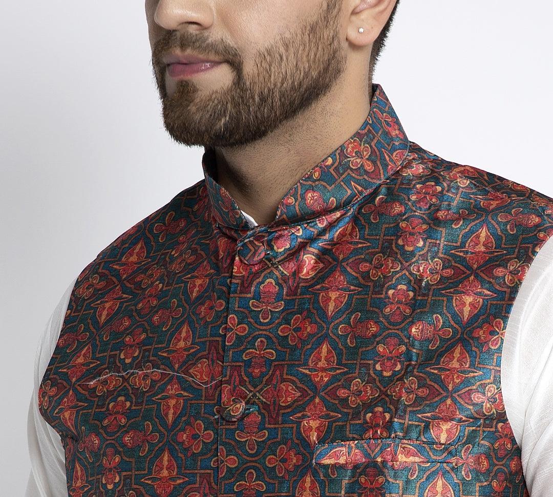 Men's Green & Orange Printed Nehru Jacket - Benstoke - Indiakreations