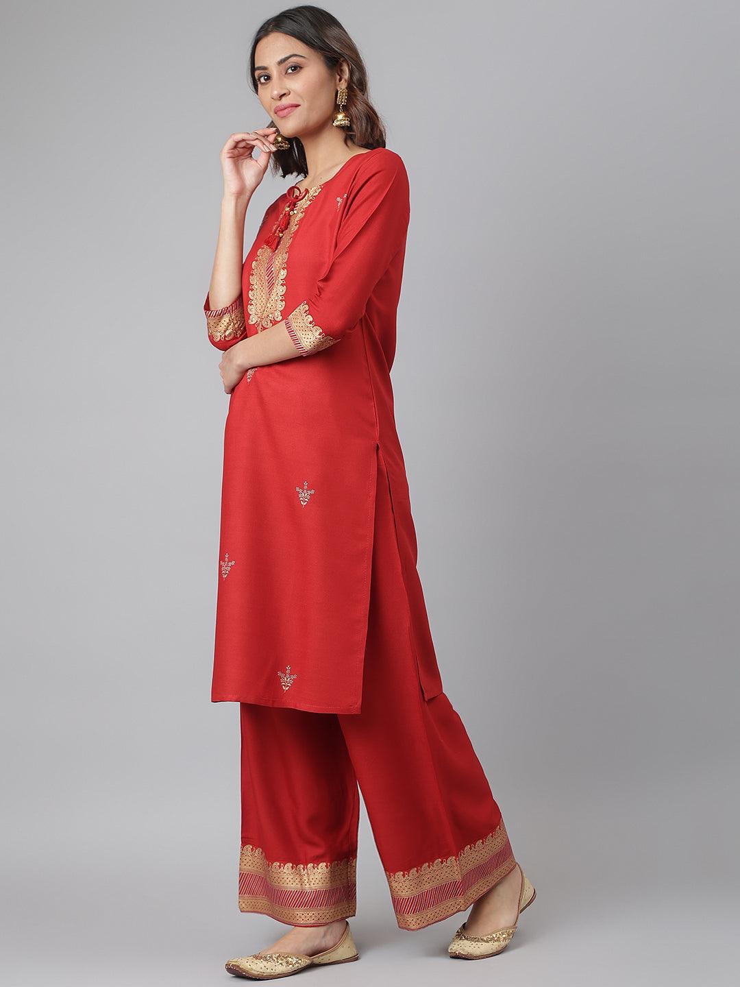 Women's Cotton Red Printed Kurta Pant Dupatta - Noz2Toz - Indiakreations